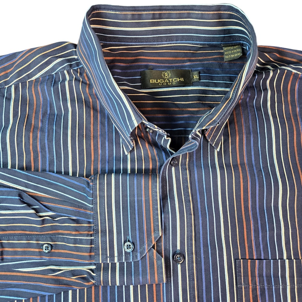 Bugatchi Uomo Men XL Button Up Shirt Navy Blue Orange Striped Long Sleeve Cotton